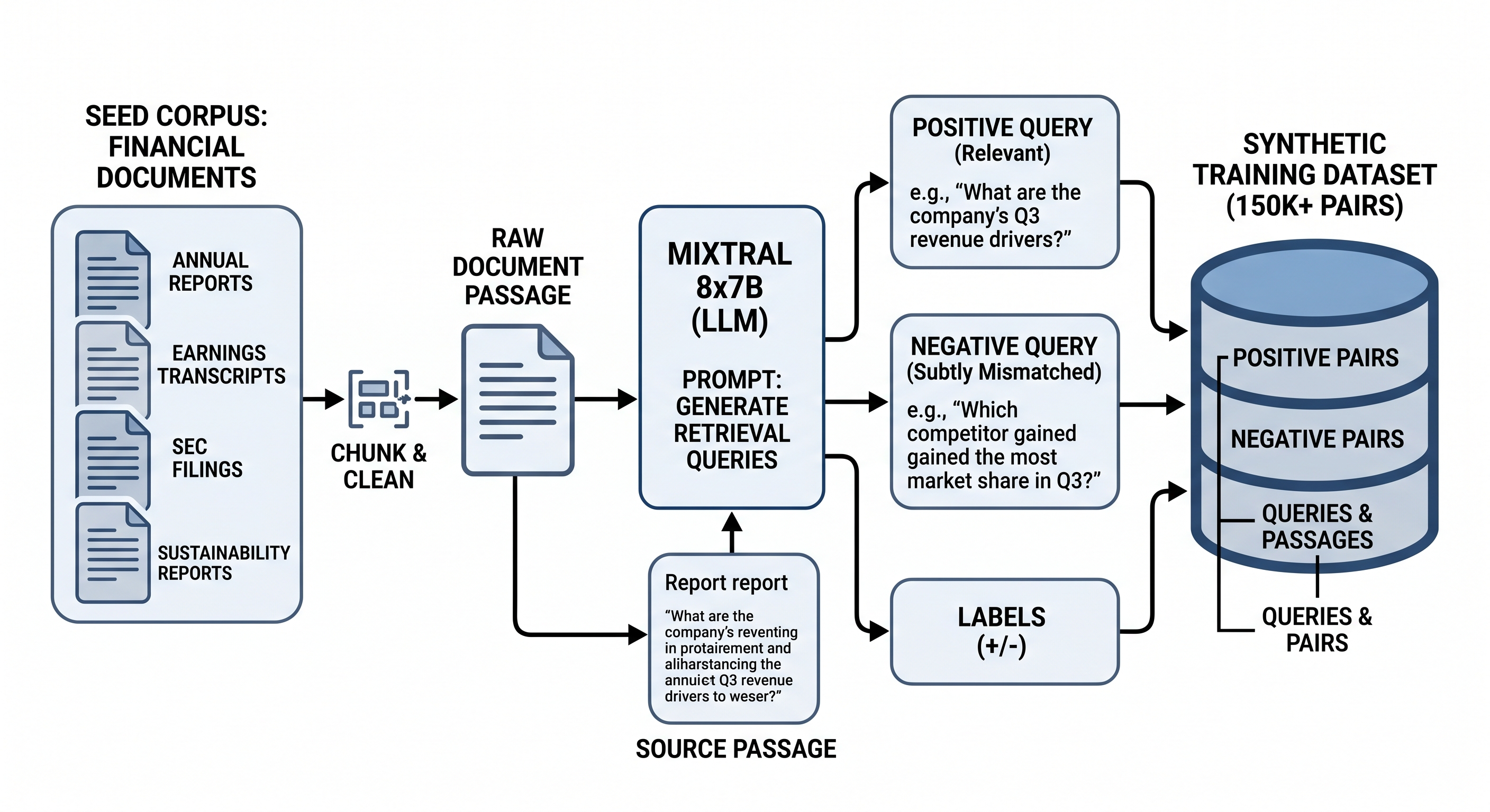 Synthetic data generation pipeline: financial documents chunked and fed to Mixtral 8x7B to produce positive and negative query pairs
